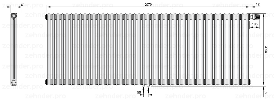 Схема (чертеж) Радиатор Zehnder Charleston 2300/45 №V008 Белый глянцевый RAL 9016